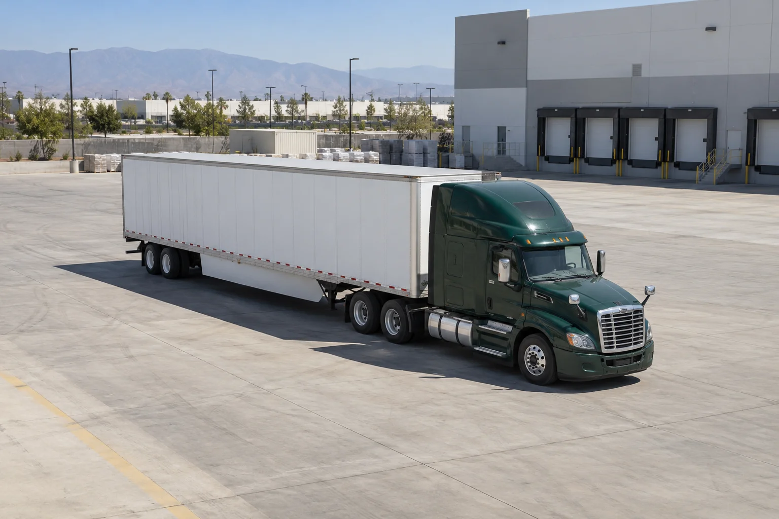 AI-generated illustrative photograph of a green American semi-truck and white trailer at a distribution yard