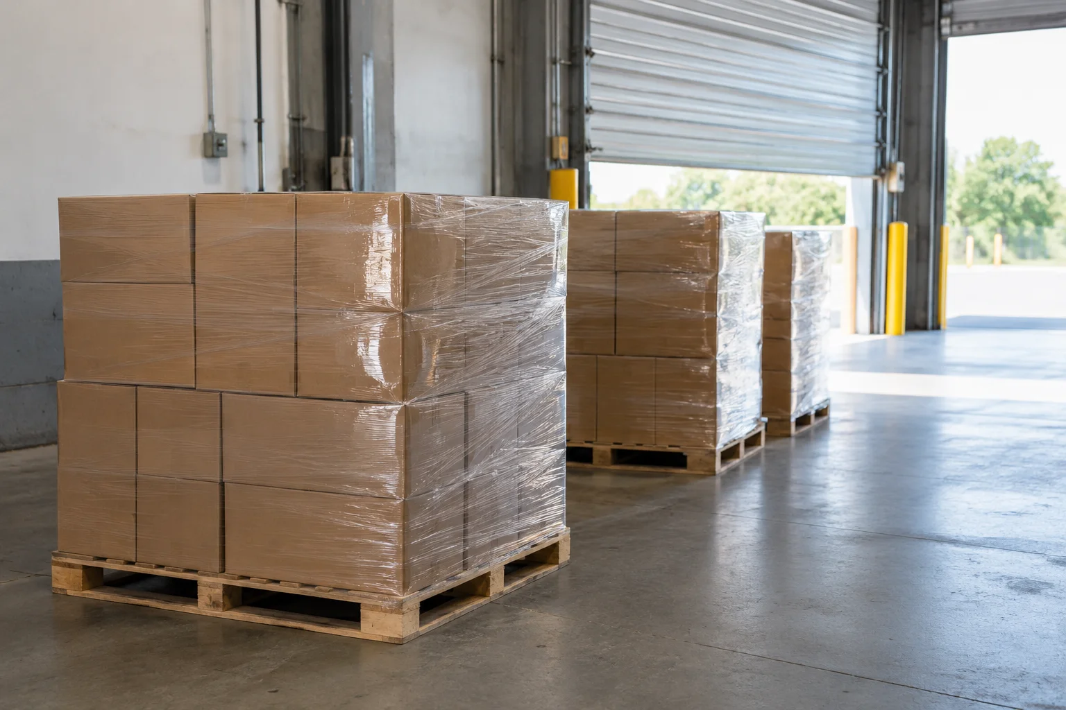 AI-generated illustrative warehouse receiving area with wrapped carton pallets near a dock door