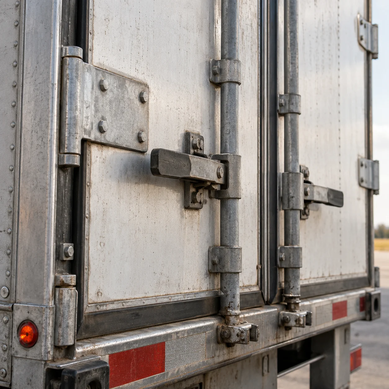 AI-generated illustrative close-up of a freight trailer's metal rear-door hardware